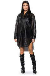 LASER CUT VEGAN LEATHER BUTTON DOWN DRESS
