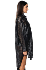 LASER CUT VEGAN LEATHER BUTTON DOWN DRESS