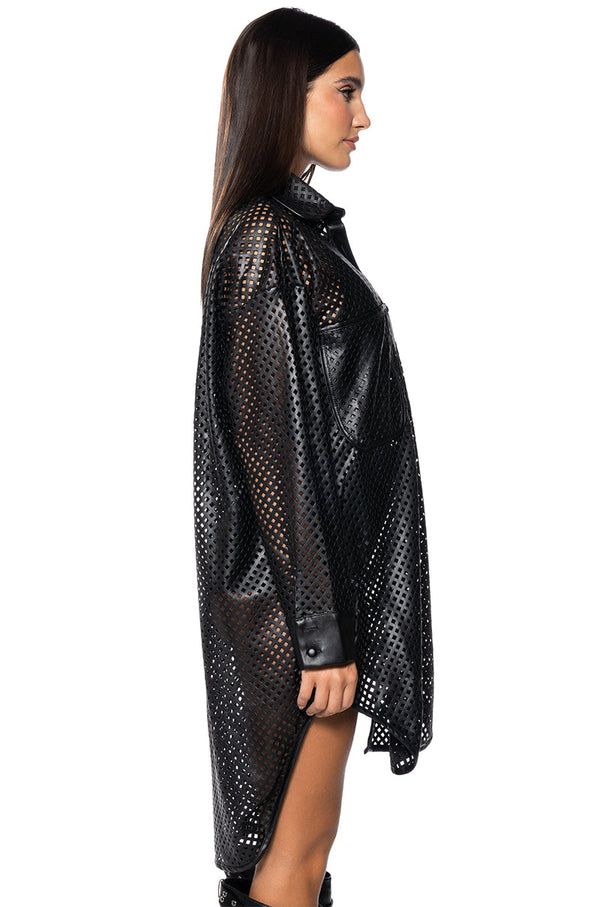LASER CUT VEGAN LEATHER BUTTON DOWN DRESS
