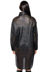 LASER CUT VEGAN LEATHER BUTTON DOWN DRESS