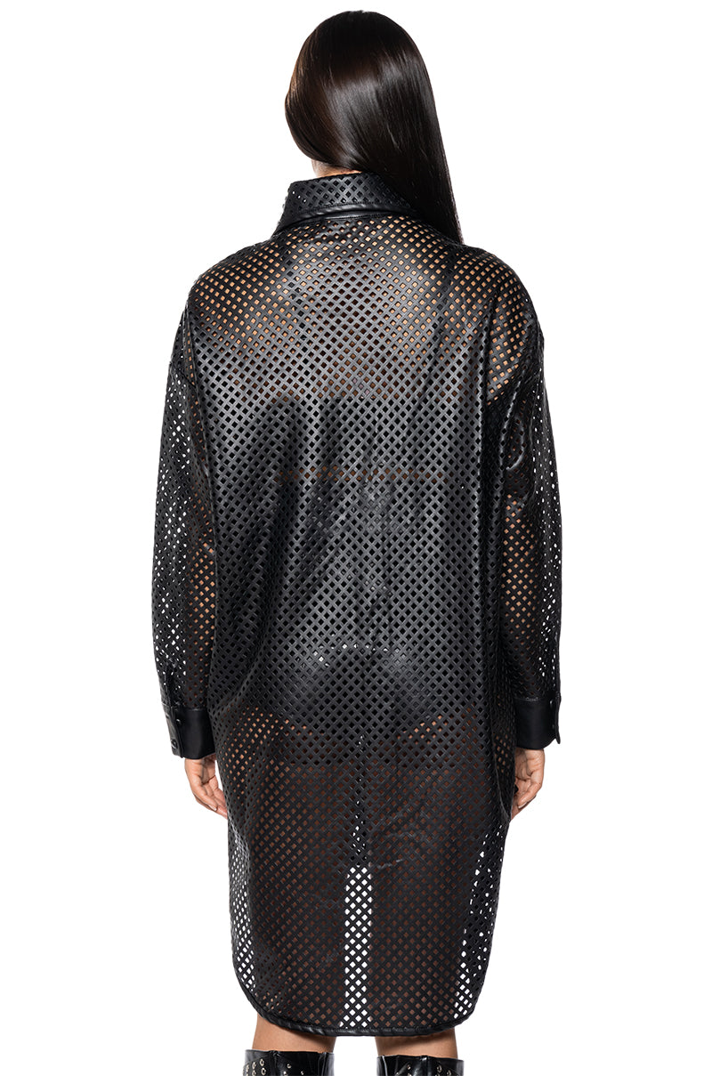 LASER CUT VEGAN LEATHER BUTTON DOWN DRESS