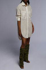 PICNIC MODE LASER CUT FAUX LEATHER BUTTON DOWN MINI DRESS IN WHITE