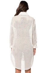 PICNIC MODE LASER CUT FAUX LEATHER BUTTON DOWN MINI DRESS IN WHITE