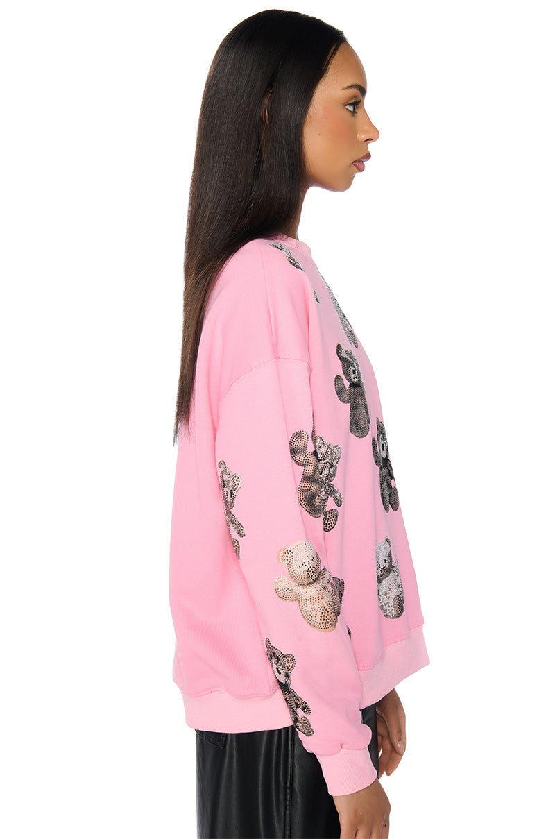 PINK BABY BEAR CREW NECK EMBELLISHED SWEATSHIRT