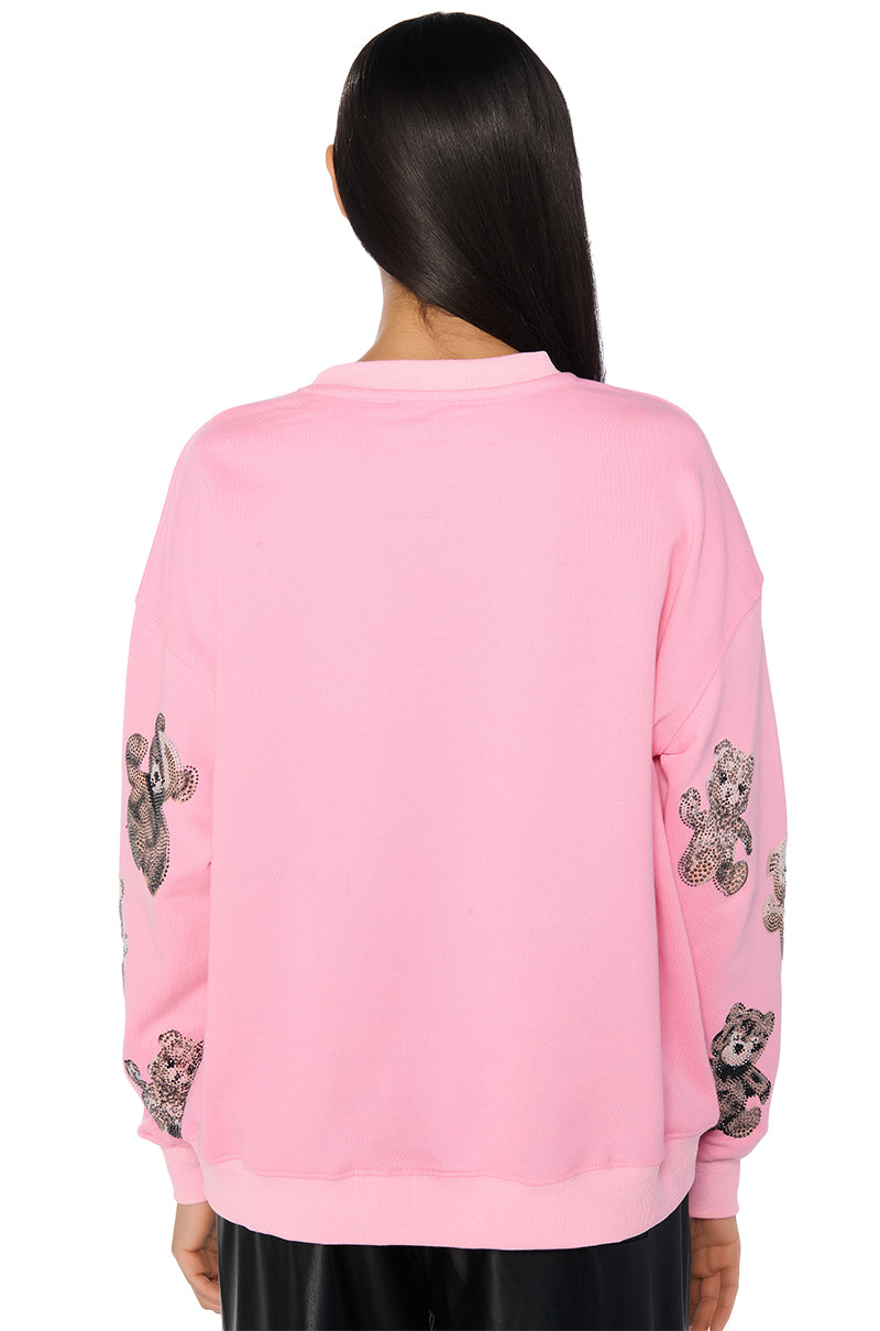 PINK BABY BEAR CREW NECK EMBELLISHED SWEATSHIRT