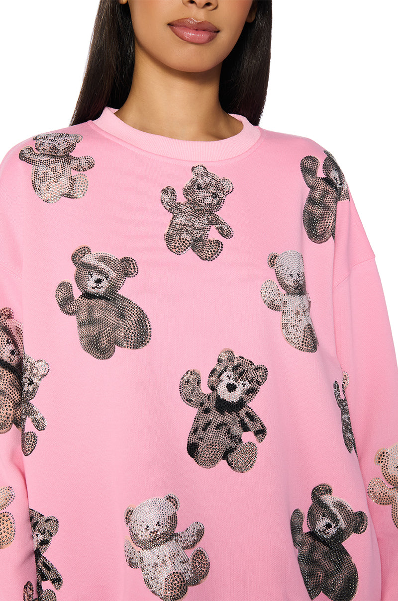 PINK BABY BEAR CREW NECK EMBELLISHED SWEATSHIRT
