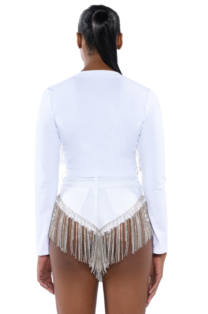 PIPING HOT RHINESTONE TIE FRONT LONG SLEEVE TSHIRT