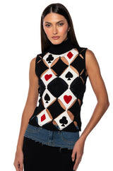 PLAYING CARDS TURTLENECK CUT OUT KNIT TOP