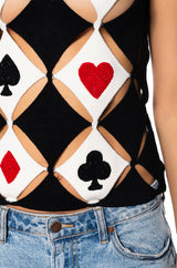 PLAYING CARDS TURTLENECK CUT OUT KNIT TOP