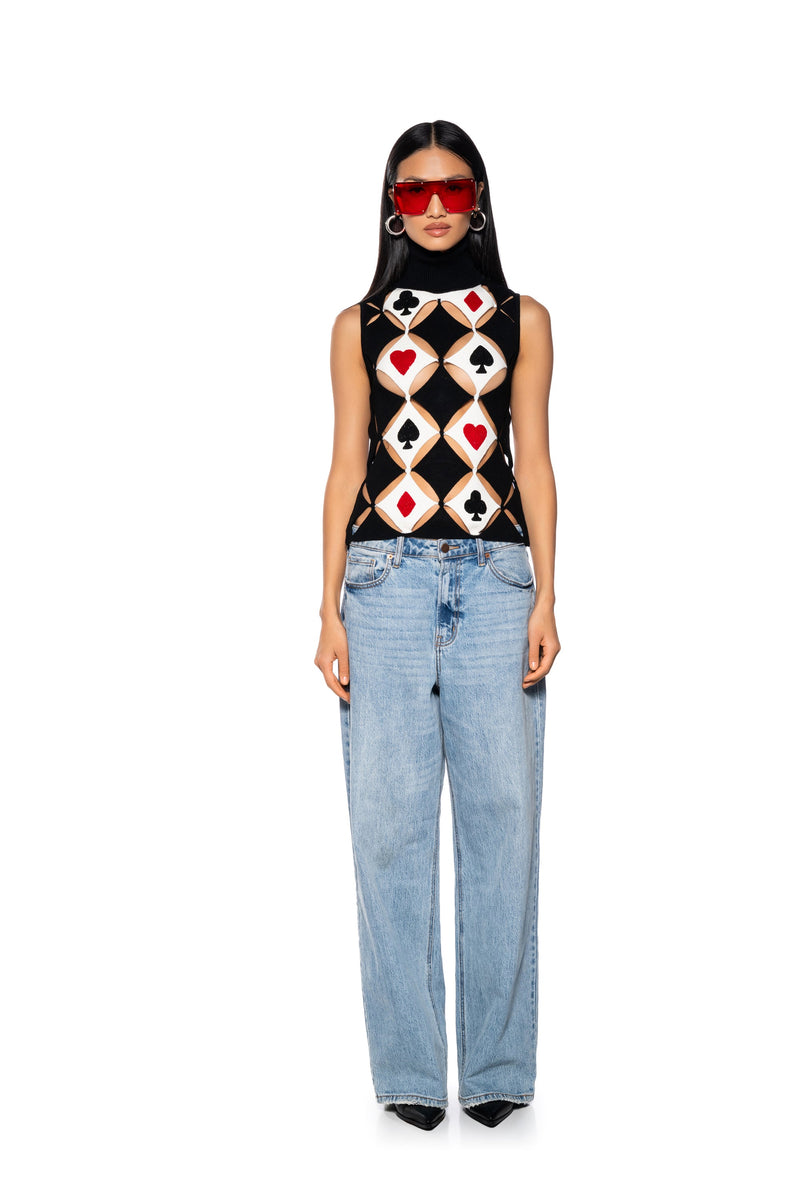 PLAYING CARDS TURTLENECK CUT OUT KNIT TOP