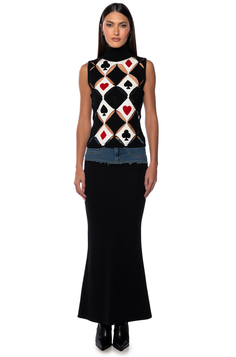 PLAYING CARDS TURTLENECK CUT OUT KNIT TOP