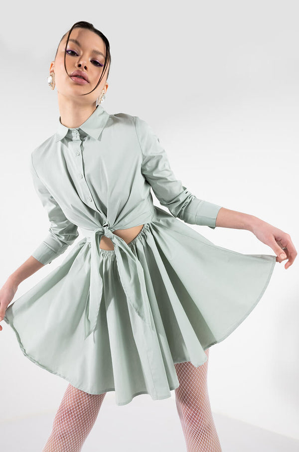 PLEASE DON'T GO FIT AND FLARE FRONT TIE MINI DRESS