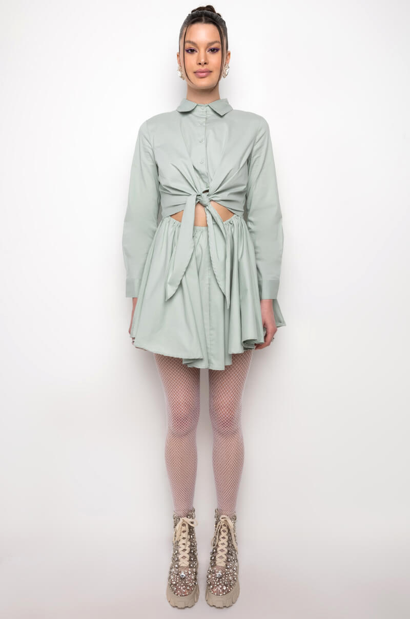PLEASE DON'T GO FIT AND FLARE FRONT TIE MINI DRESS