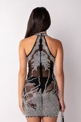 PLEASE DON'T HATE HALTER TOP RHINESTONE MESH MINI DRESS