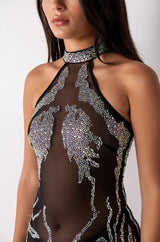 PLEASE DON'T HATE HALTER TOP RHINESTONE MESH MINI DRESS