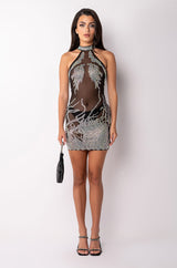PLEASE DON'T HATE HALTER TOP RHINESTONE MESH MINI DRESS