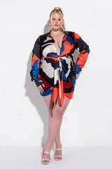 PLUS ABSTRACT SATIN SHIRT DRESS