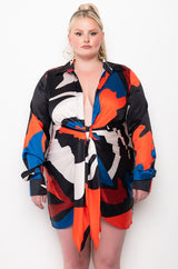 PLUS ABSTRACT SATIN SHIRT DRESS