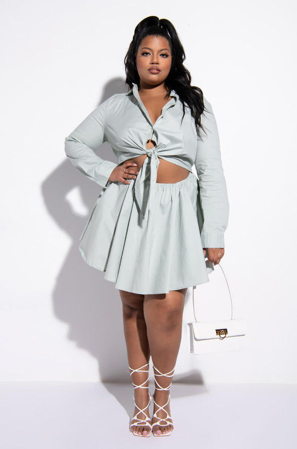 PLUS DON'T GO FIT AND FLARE FRONT TIE MINI DRESS