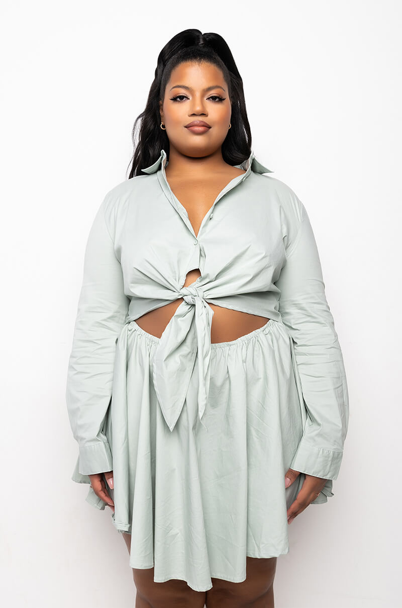 PLUS DON'T GO FIT AND FLARE FRONT TIE MINI DRESS