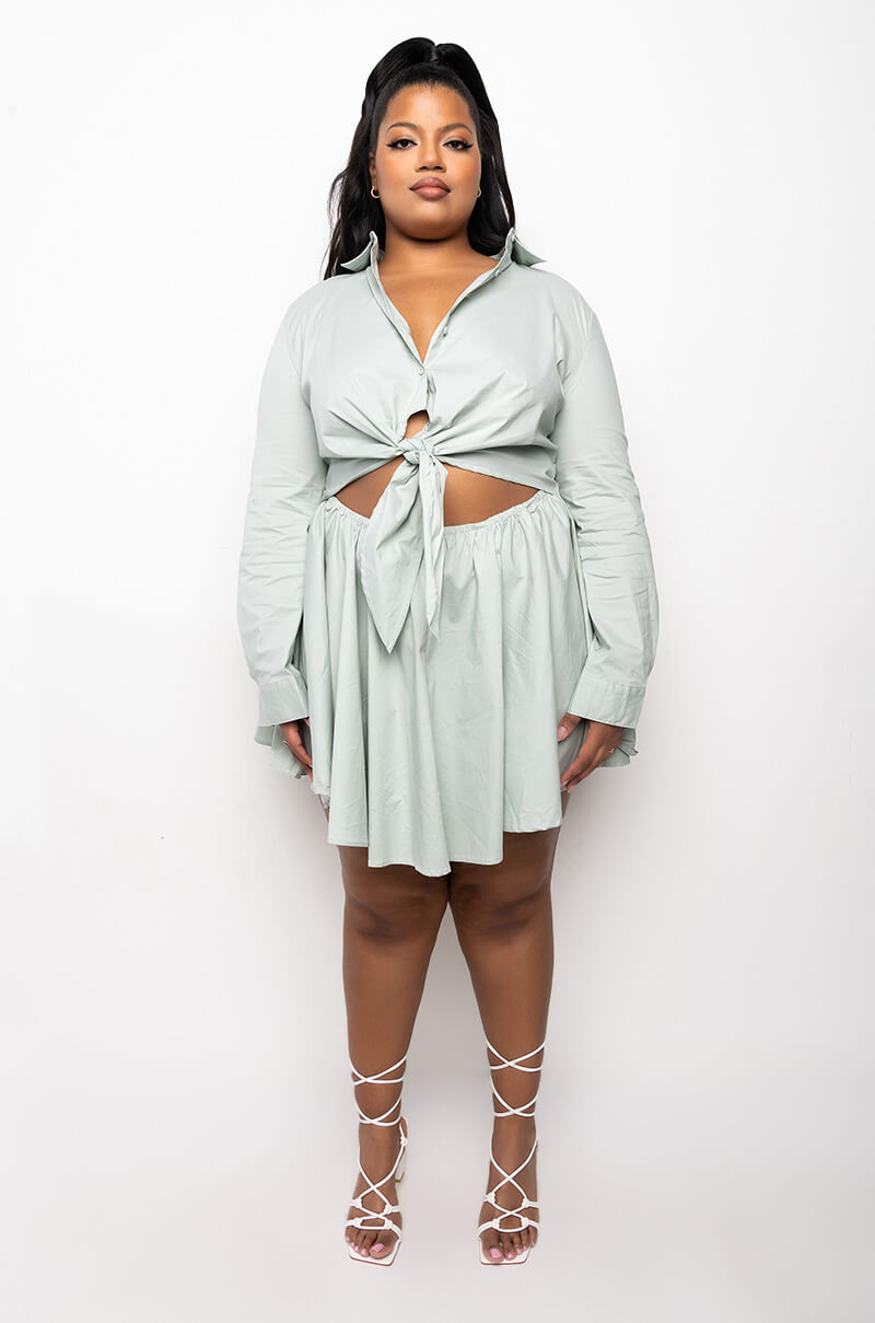 PLUS DON'T GO FIT AND FLARE FRONT TIE MINI DRESS