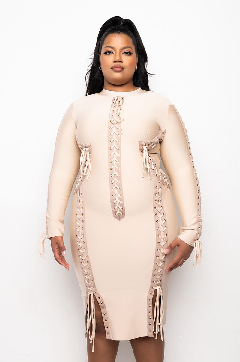 PLUS RIGHT MY WRONGS MULTI LACE BANDAGE MIDI DRESS
