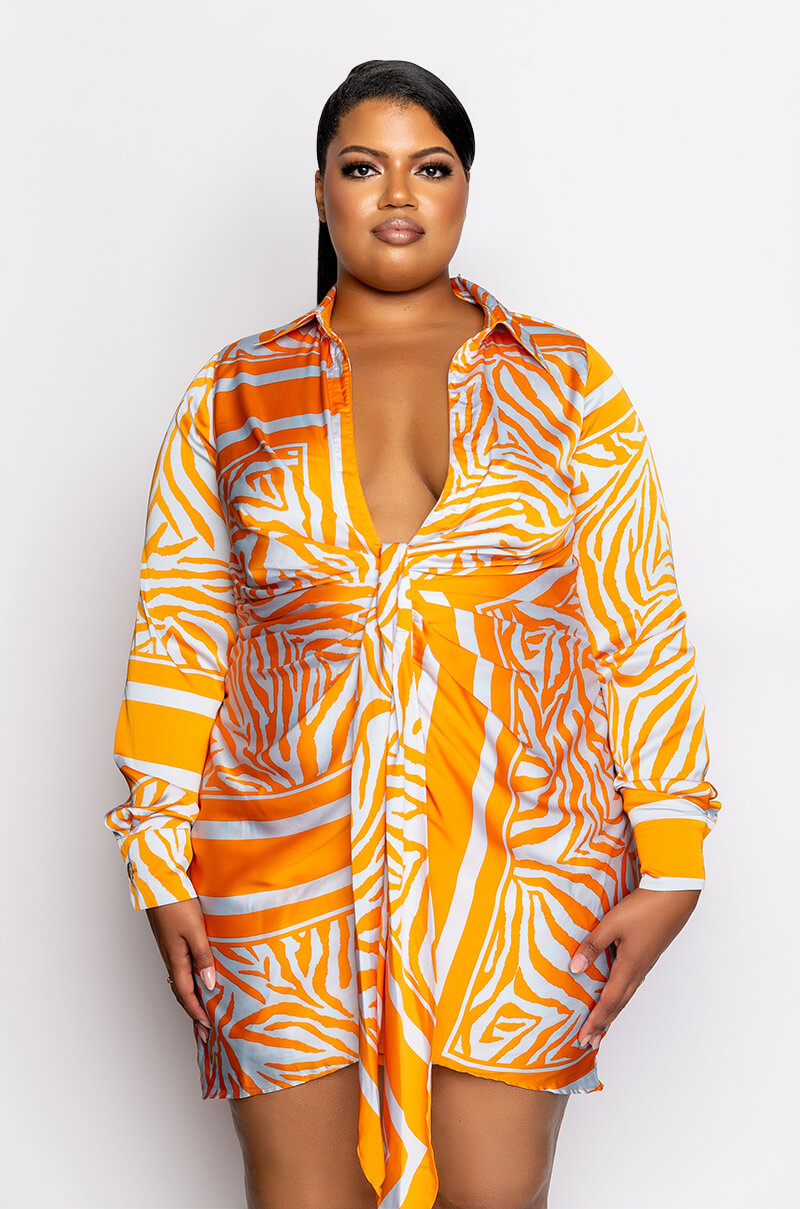 PLUS SHE IS WILD SATIN SHIRT DRESS