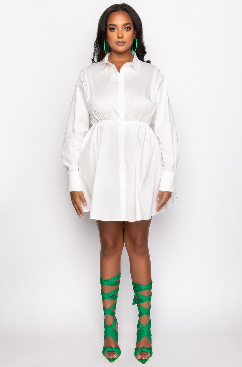 PLUS SUCH A LOOK OPEN BACK BUTTON UP FIT AND FLARE MINI DRESS