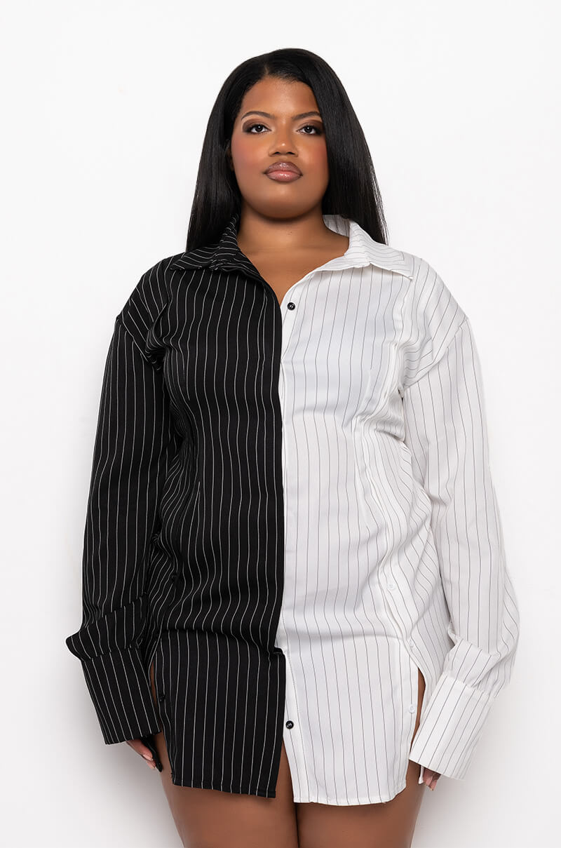 PLUS TAKE IT BACK PINSTRIPE BLAZER DRESS