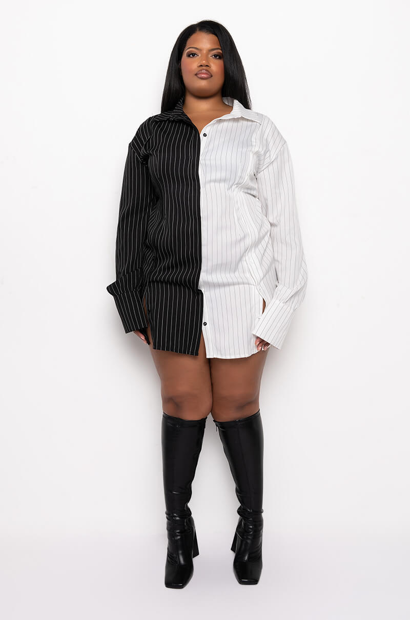 PLUS TAKE IT BACK PINSTRIPE BLAZER DRESS