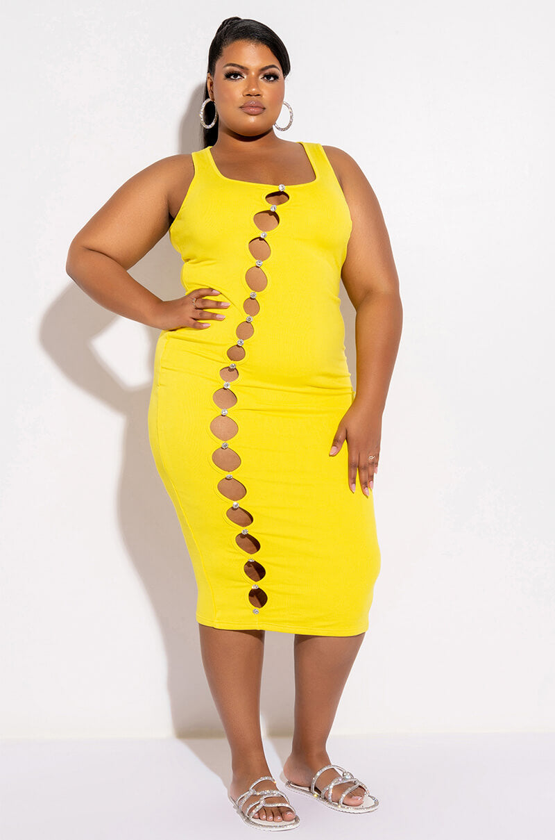 PLUS TULUM CUT OUT RHINESTONE RIBBED MIDI DRESS