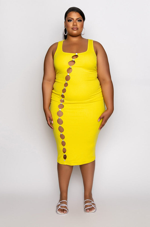 PLUS TULUM CUT OUT RHINESTONE RIBBED MIDI DRESS