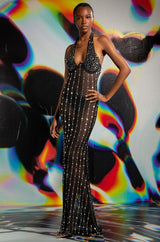 POP OUT RHINESTONE MESH MAXI DRESS WITH PEARLS