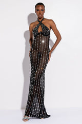 POP OUT RHINESTONE MESH MAXI DRESS WITH PEARLS