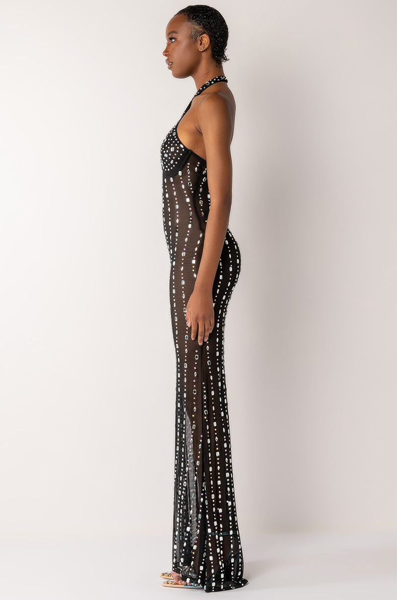 POP OUT RHINESTONE MESH MAXI DRESS WITH PEARLS