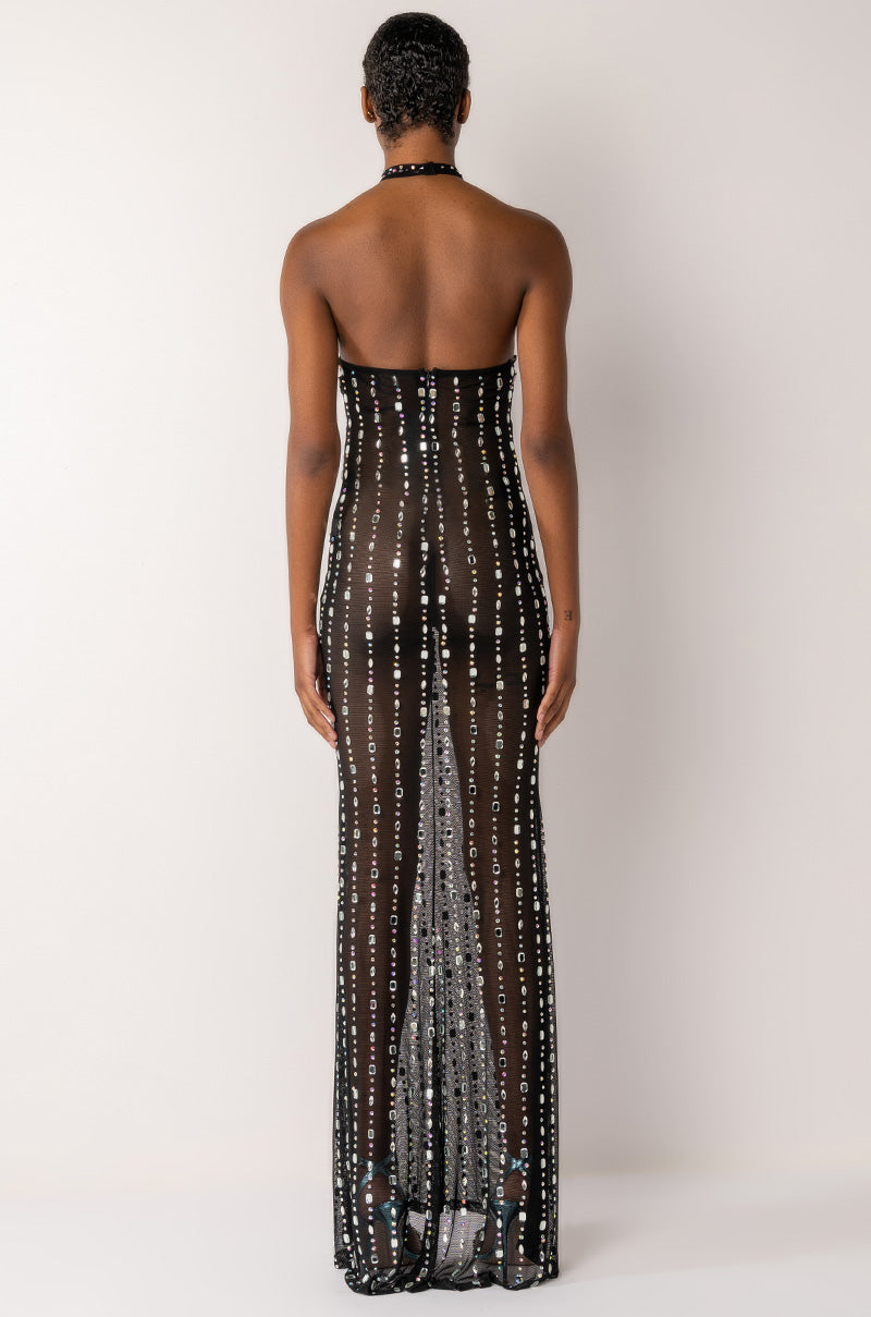 POP OUT RHINESTONE MESH MAXI DRESS WITH PEARLS