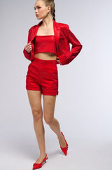 POP STAR HOT FIX HIGH WAIST RHINESTONE SHORT IN RED