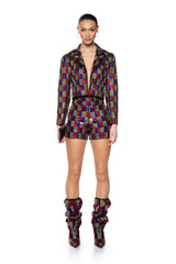 POP STAR RECTANGLE PRINT RHINESTONE HOT SHORT