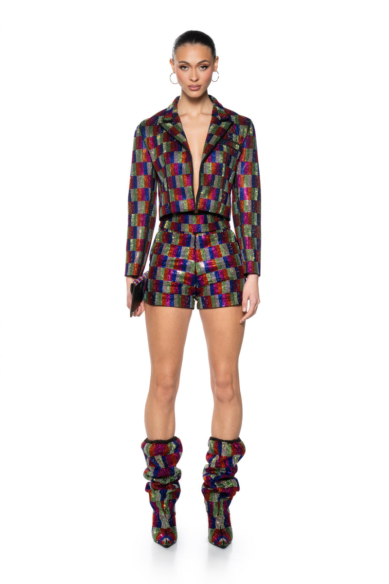 POP STAR RECTANGLE PRINT RHINESTONE HOT SHORT