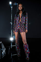 POP STAR RECTANGLE PRINT RHINESTONE HOT SHORT