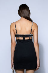 POWERFUL RHINESTONE TRIM MINI DRESS