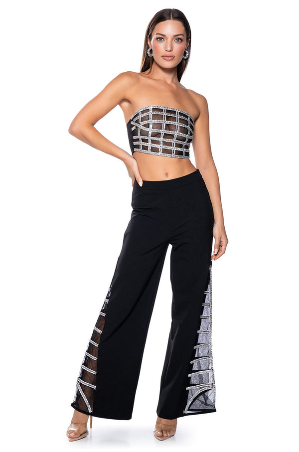PREMIER RHINESTONE MESH PANEL SATIN WIDE LEG PANT