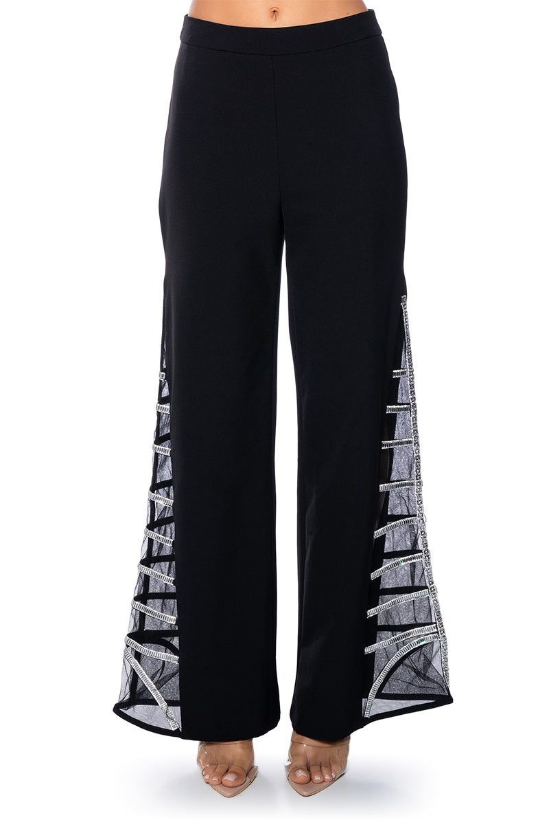PREMIER RHINESTONE MESH PANEL SATIN WIDE LEG PANT