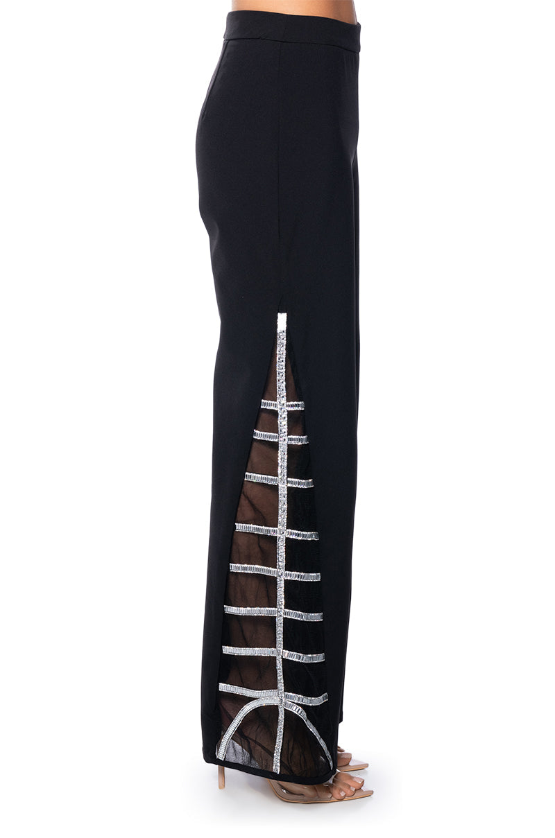 PREMIER RHINESTONE MESH PANEL SATIN WIDE LEG PANT