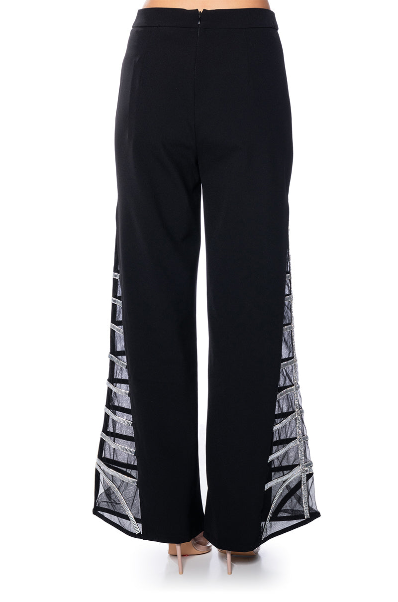 PREMIER RHINESTONE MESH PANEL SATIN WIDE LEG PANT