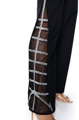 PREMIER RHINESTONE MESH PANEL SATIN WIDE LEG PANT