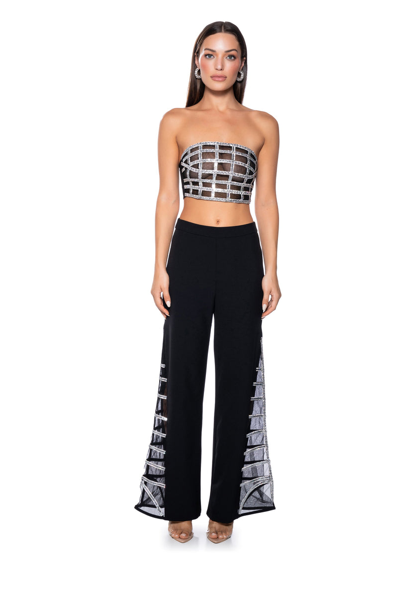 PREMIER RHINESTONE MESH PANEL SATIN WIDE LEG PANT