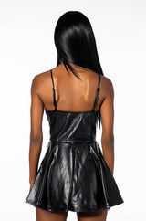 PRETTY WILD FIT AND FLARE FAUX LEATHER MINI DRESS