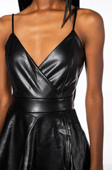 PRETTY WILD FIT AND FLARE FAUX LEATHER MINI DRESS