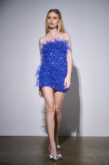 PRIMROSE STRAPLESS EMBELLISHED FEATHER MINI DRESS IN BLUE
